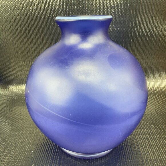 Vintage Bohemian Hand Blown Art Glass Enameled Flower Paint Vase Bowl Blue VTG - Picture 12 of 16